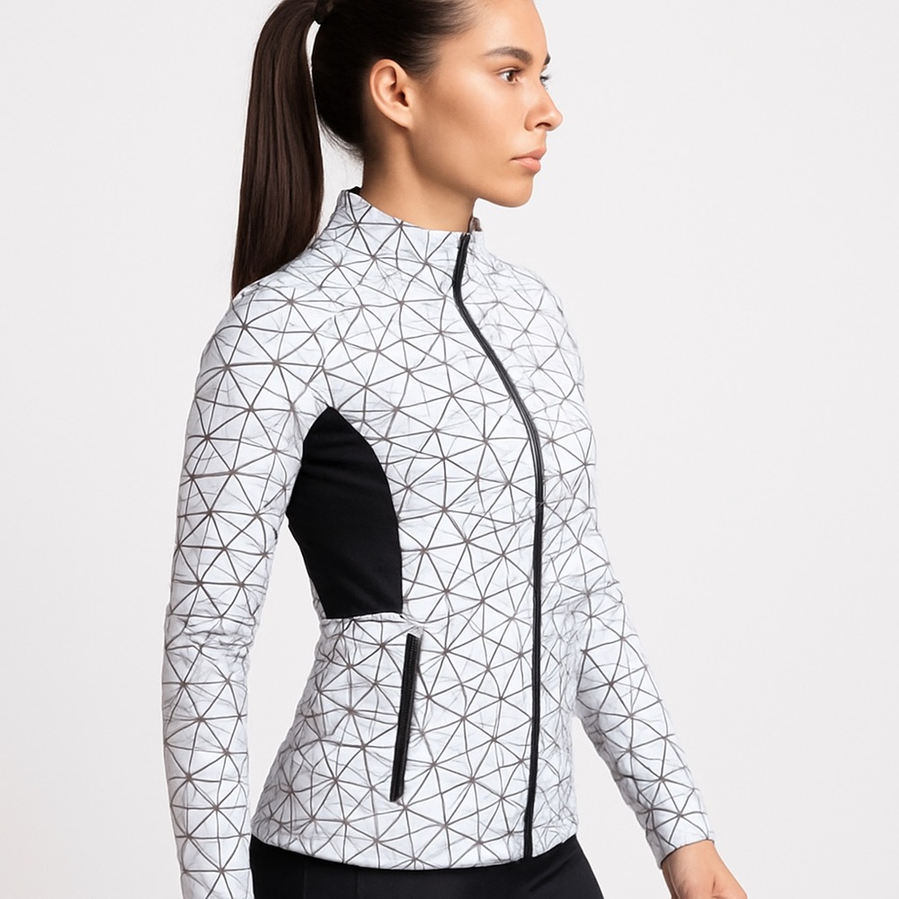 Karma Athletics White & Black Geometric Full-Zip Womens Jacket Lightweight Activ